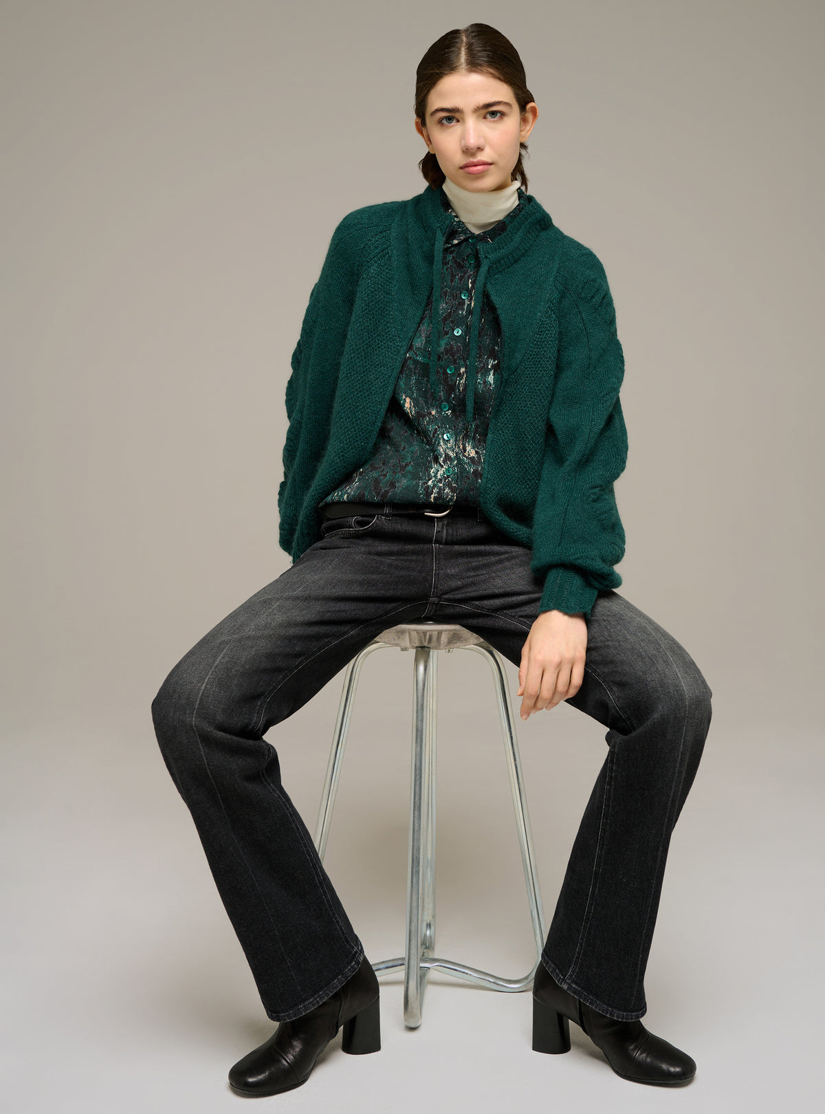Zip-up long-sleeve mock-neck cardigan