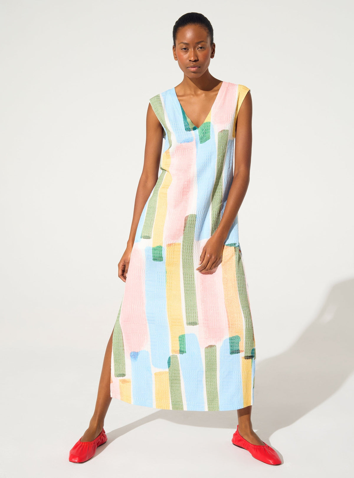 Yellow striped print fitted dress