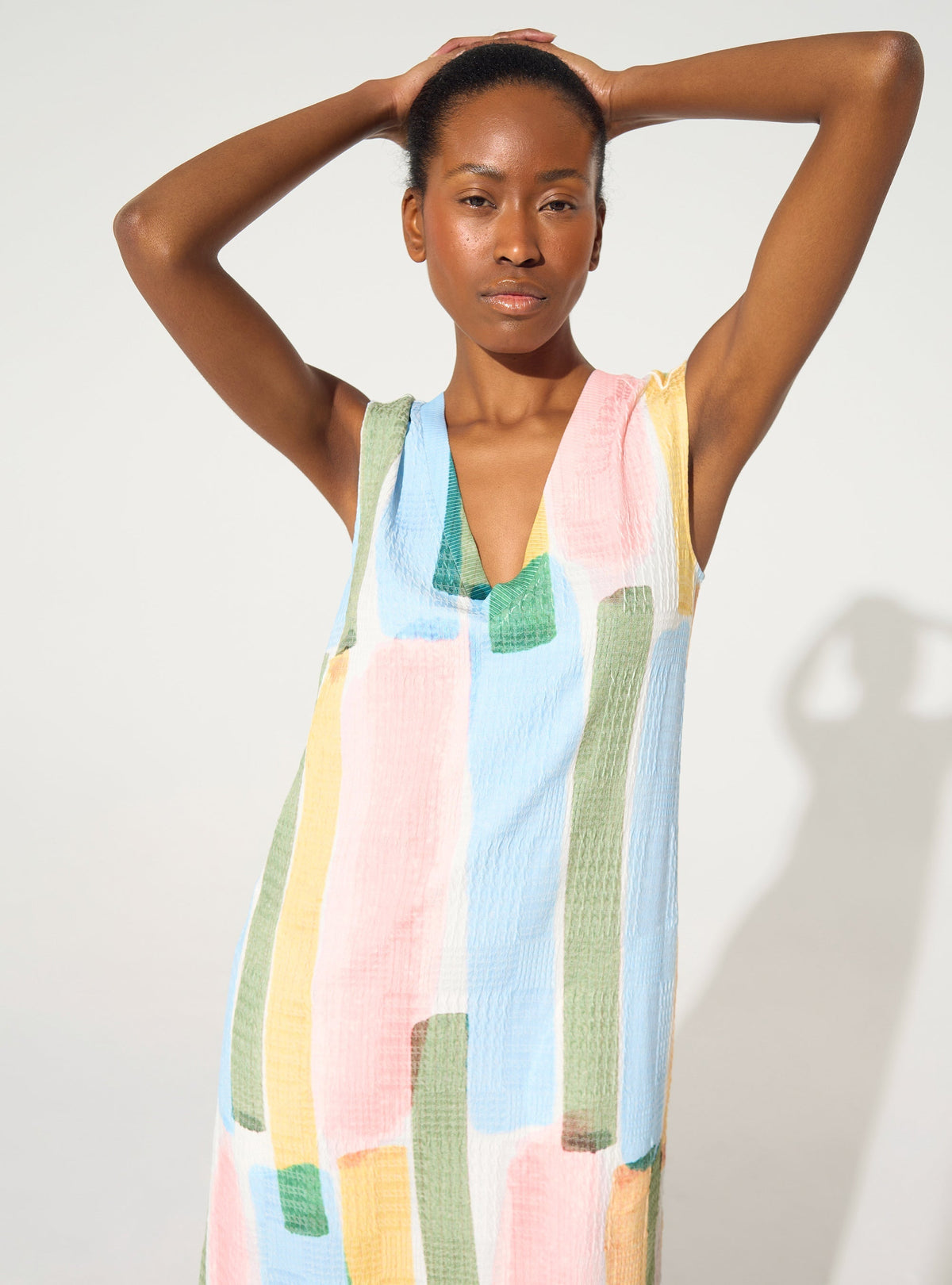 Yellow striped print fitted dress