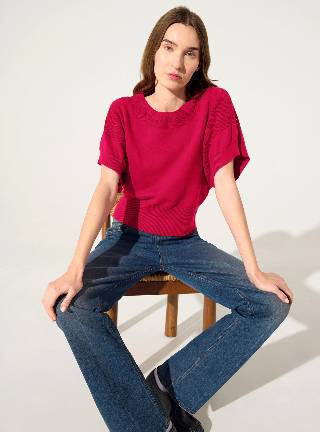 Short-sleeved cotton and pink cashmere sweater