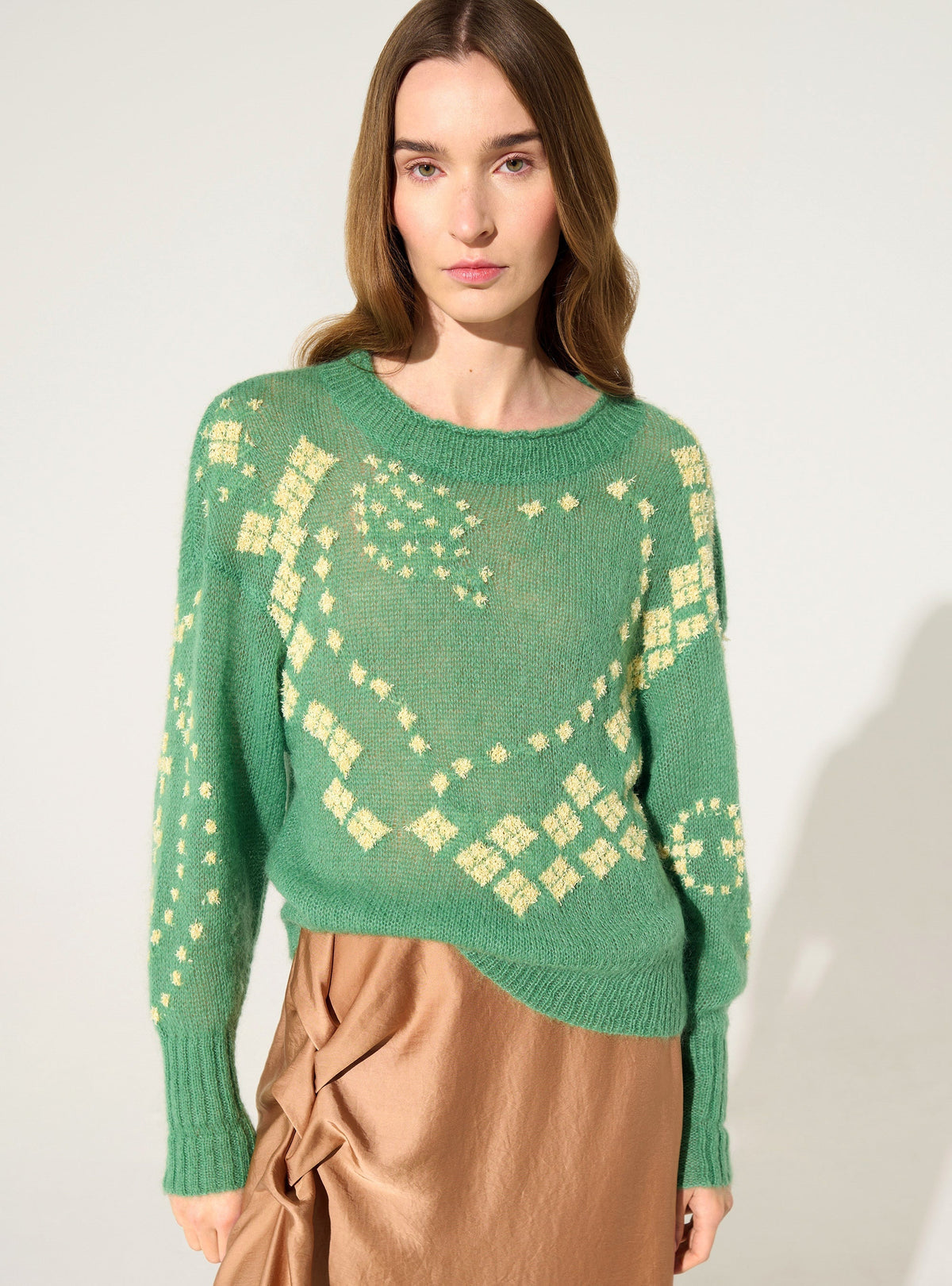 Embossed sweater, wool and green mohair