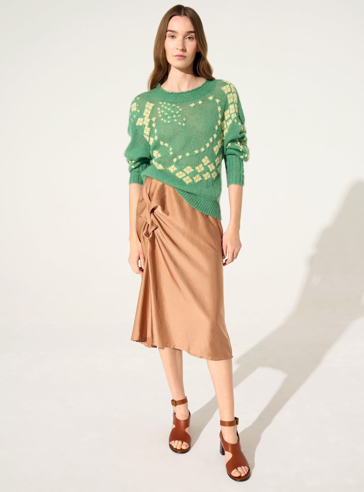 Embossed sweater, wool and green mohair