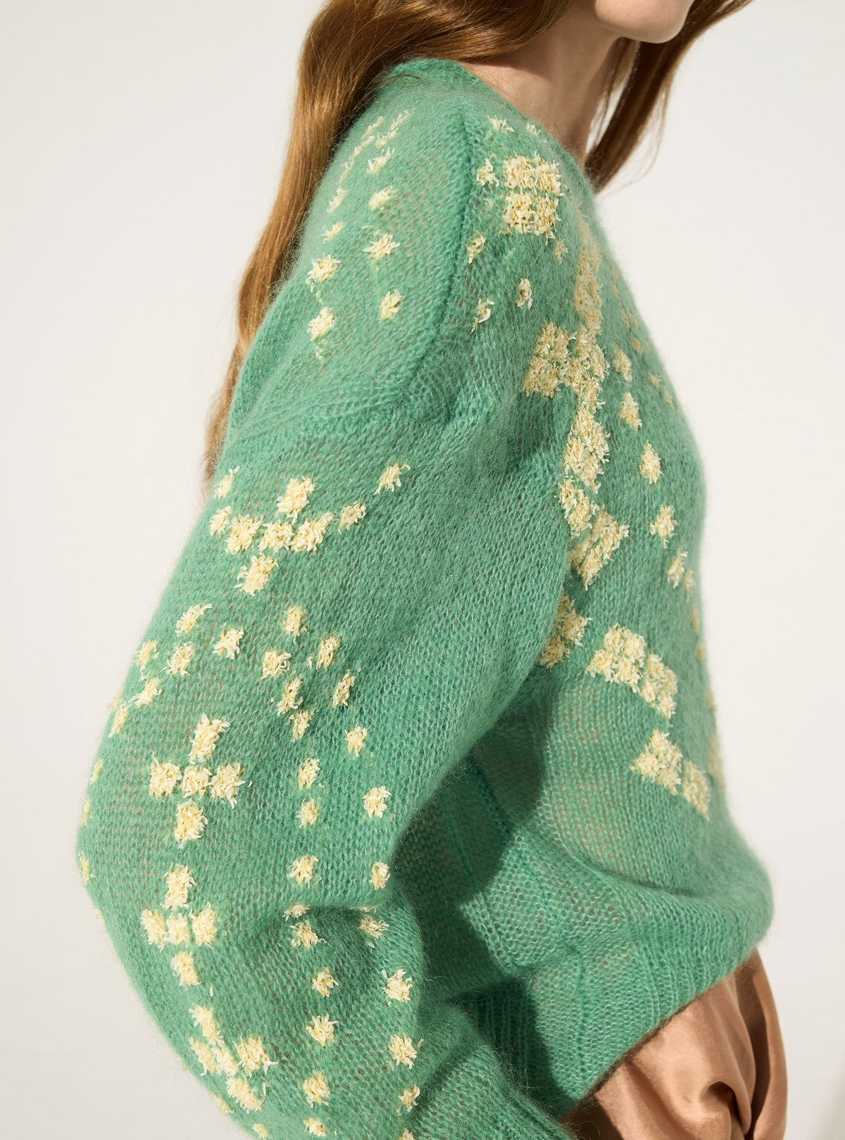 Embossed sweater, wool and green mohair