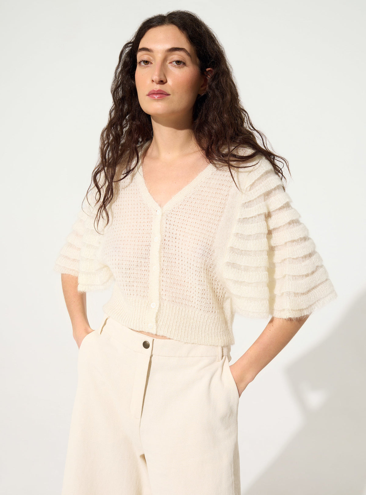 Ecru mohair and wool cardigan