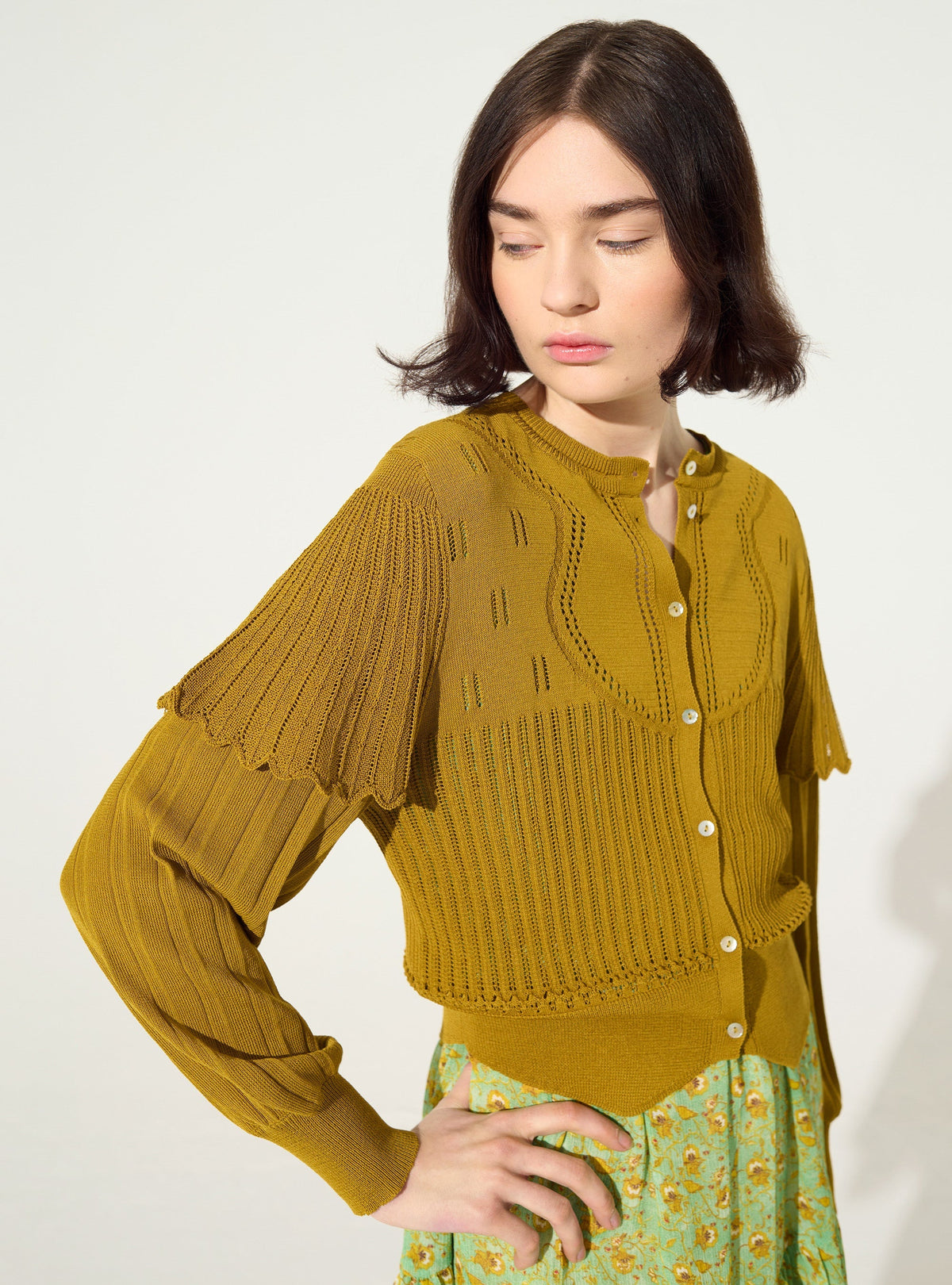 Yellow ochre pleated cardigan