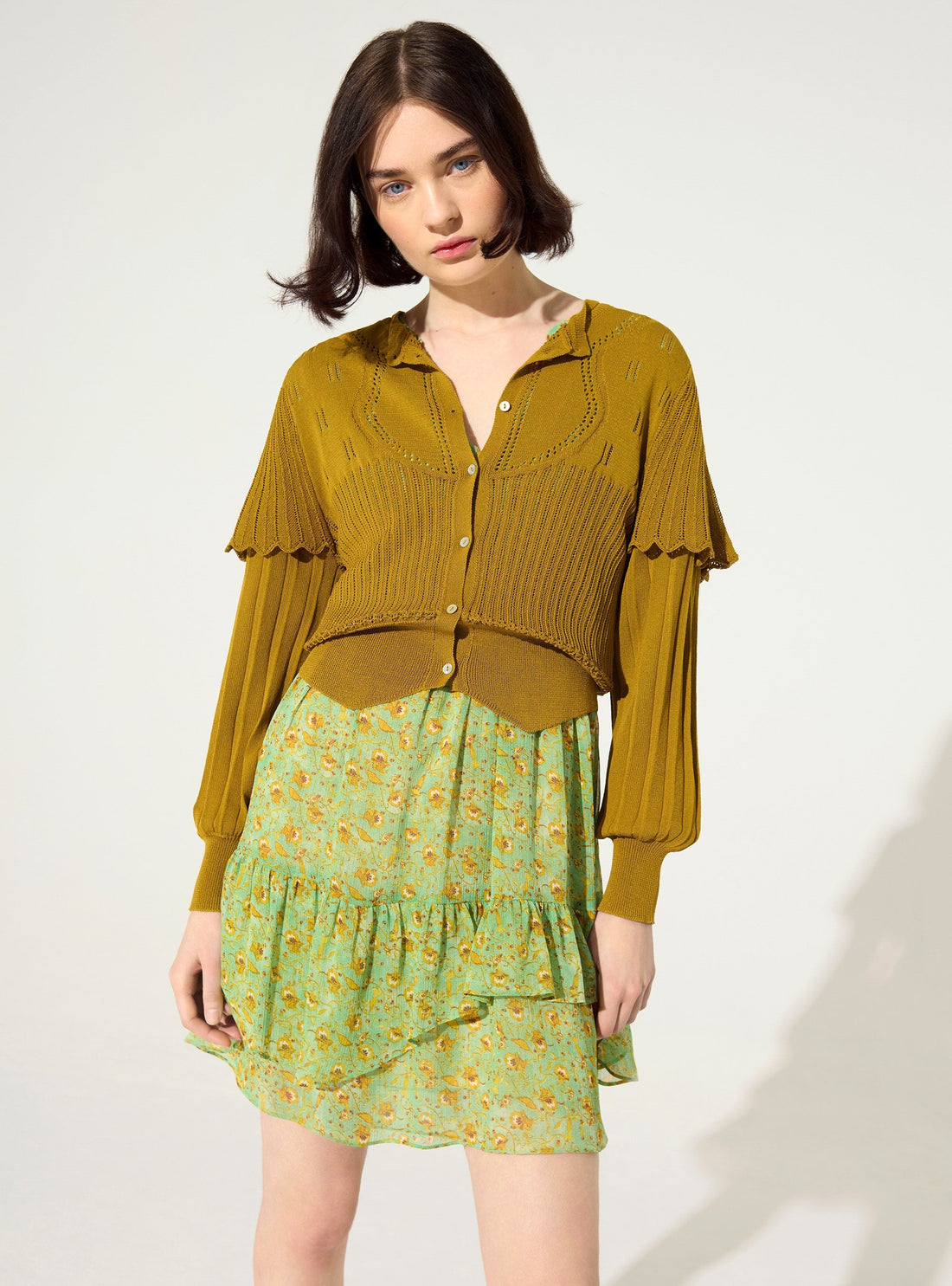 Yellow ochre pleated cardigan