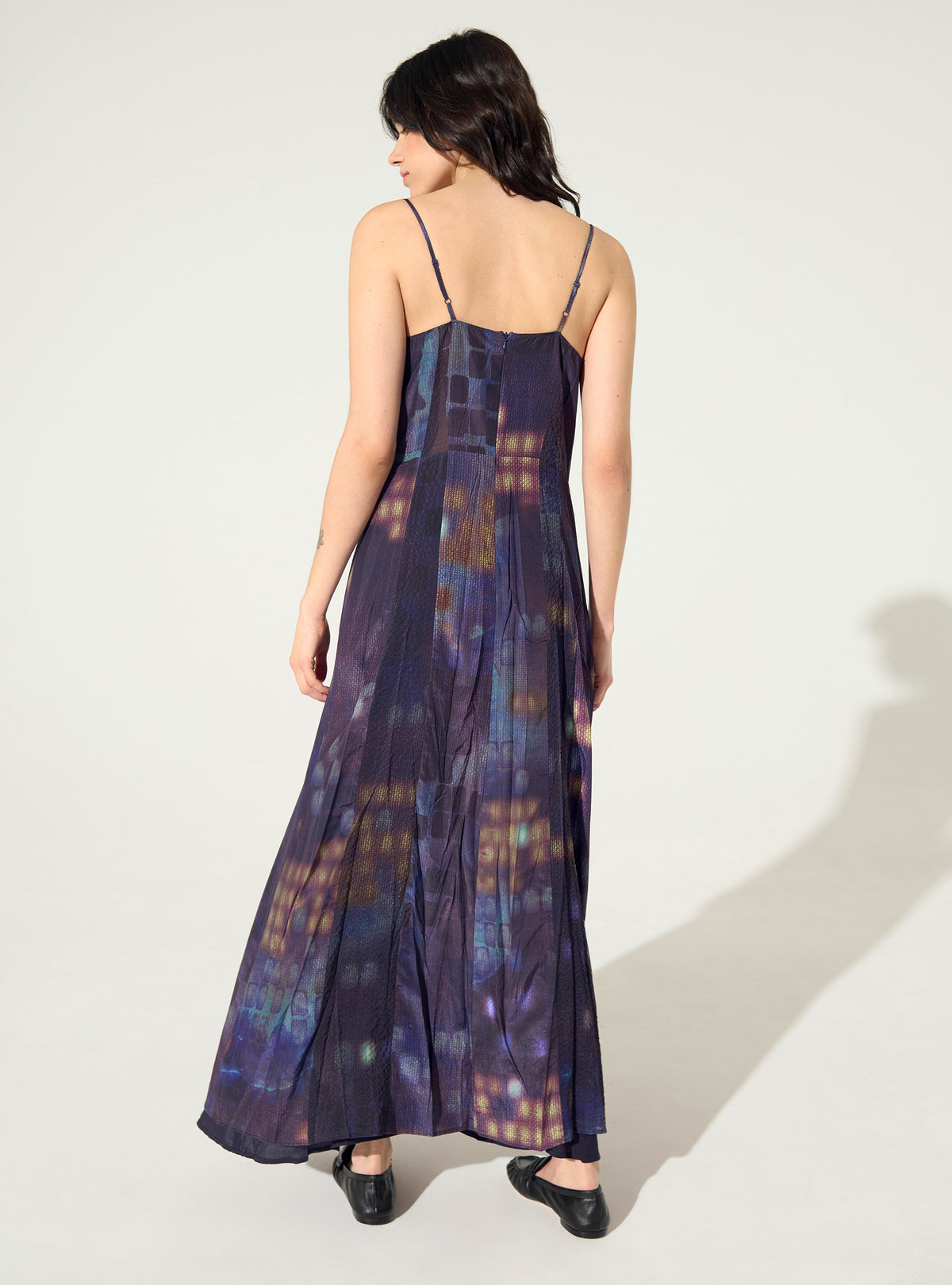 Purple house print pleated fitted dress