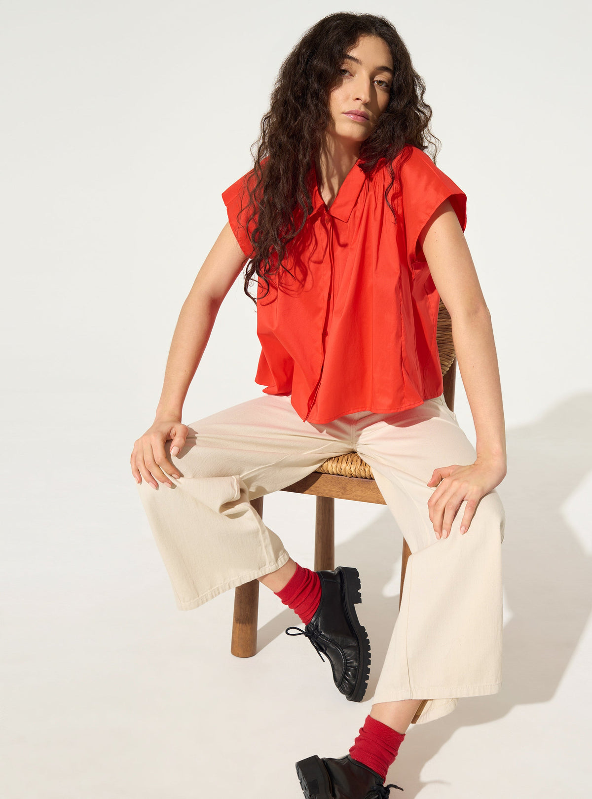 Red cotton pleated shirt
