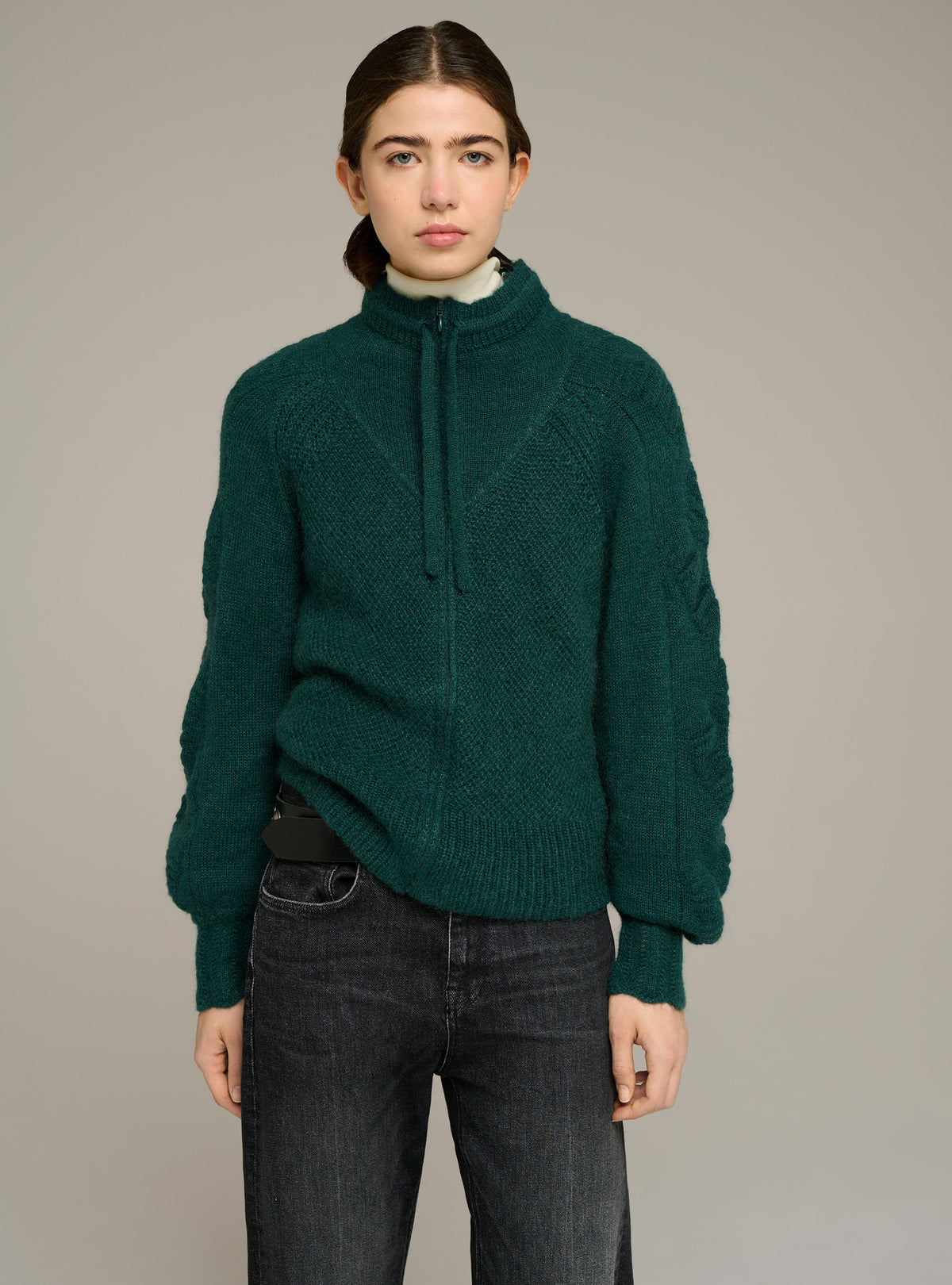 Zip-up long-sleeve mock-neck cardigan
