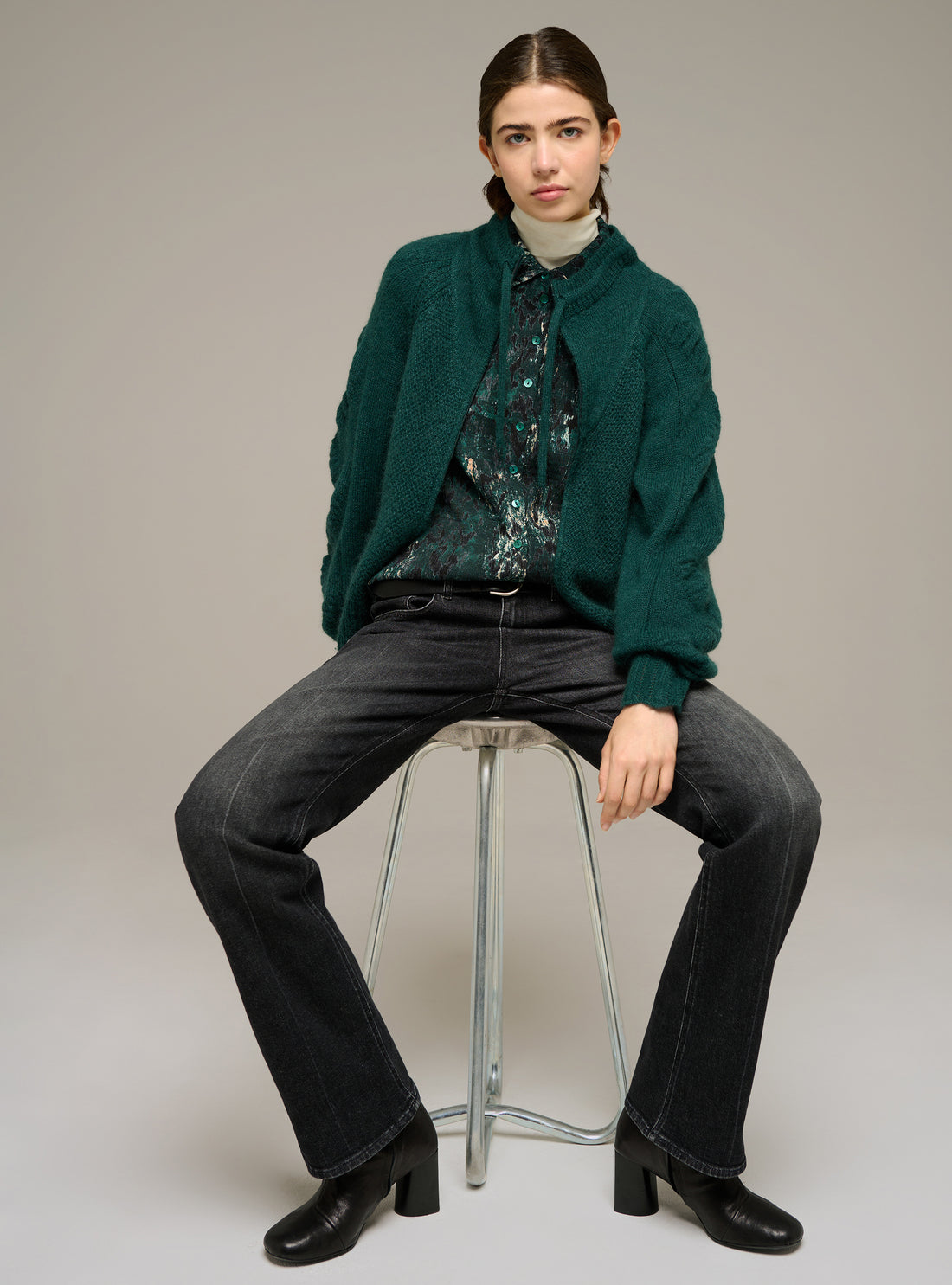 Zip-up long-sleeve mock-neck cardigan