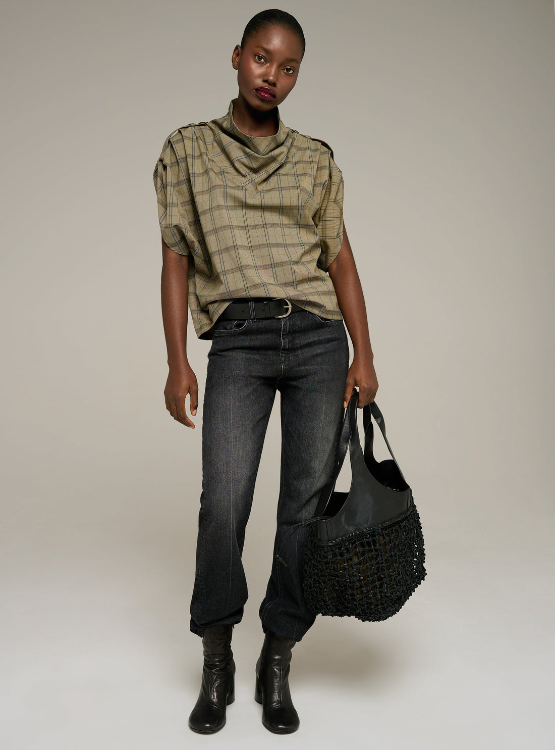 Cotélac Oversized plaid short-sleeve halter-neck blouse