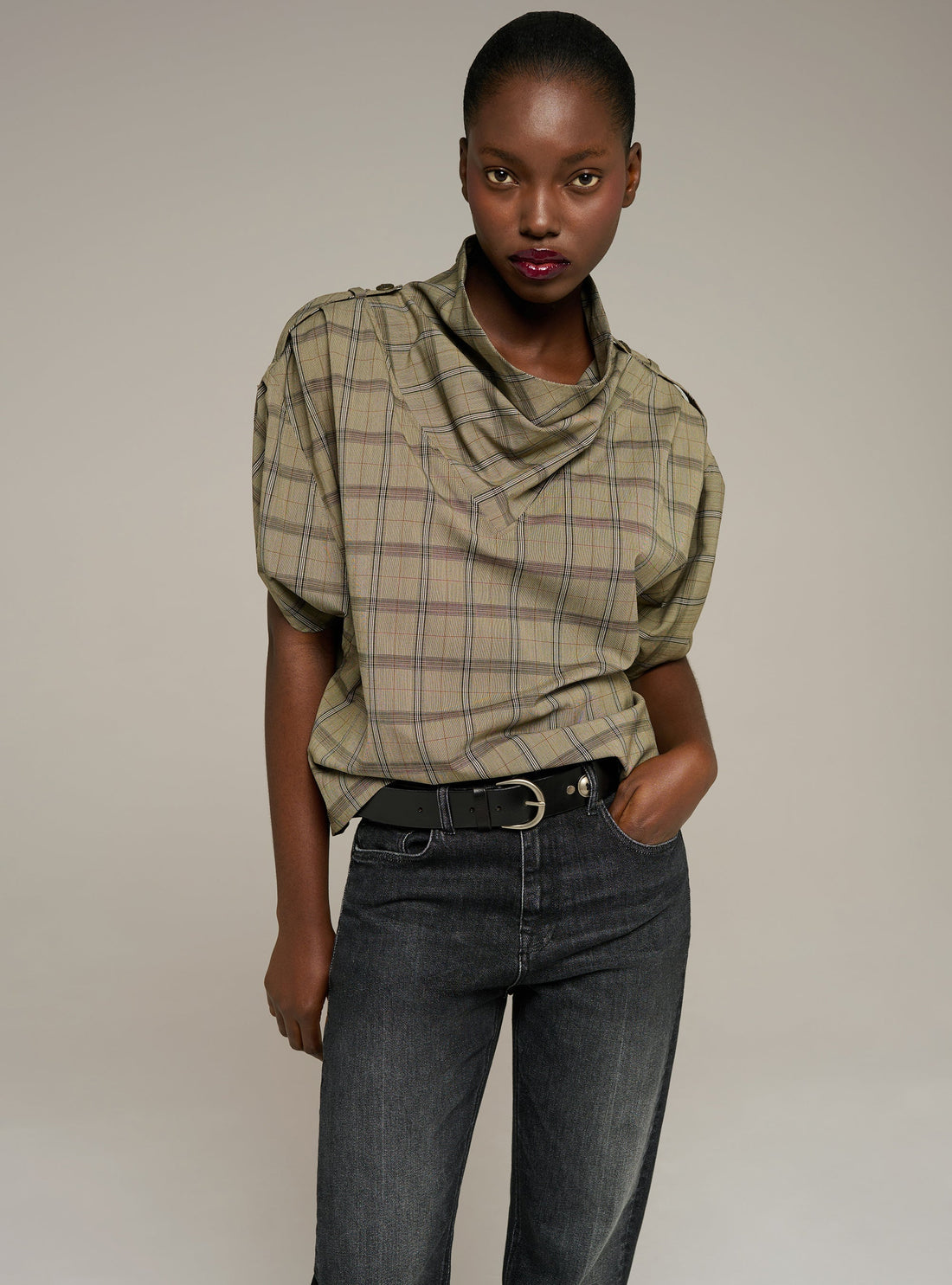 Cotélac Oversized plaid short-sleeve halter-neck blouse