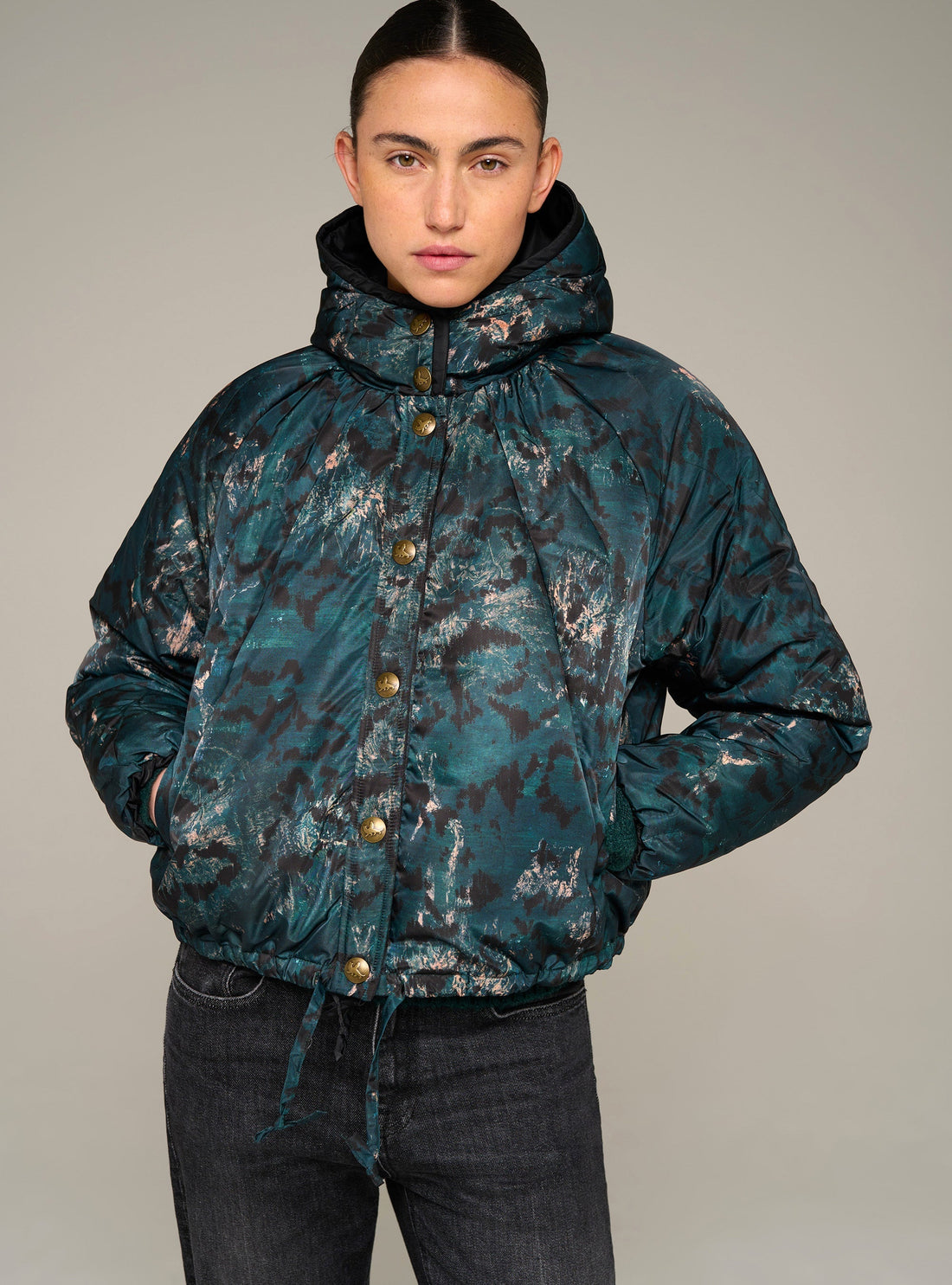 Cotélac Printed oversized long-sleeve hooded puffer jacket